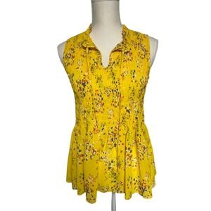 Rose + Olive Yellow Floral Smocked Sleeveless Ruffle Blouse Women's Small NWT